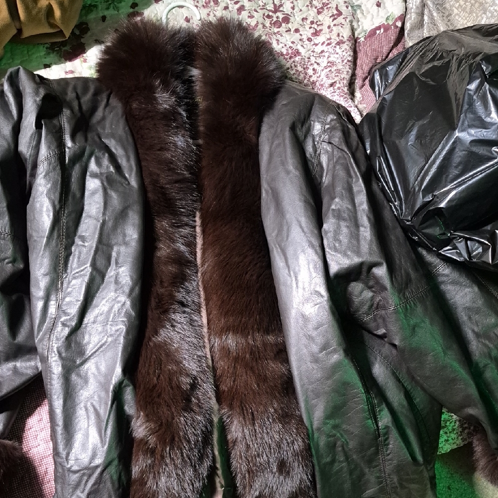 Womens Brown Leather Coat withreal Fox  Brown Fur Collar, And Cuffs